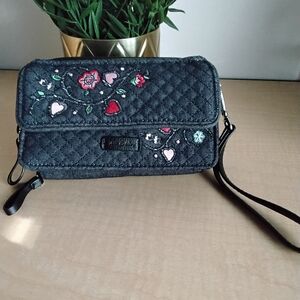 Embroidered Denim Wristlet Bag